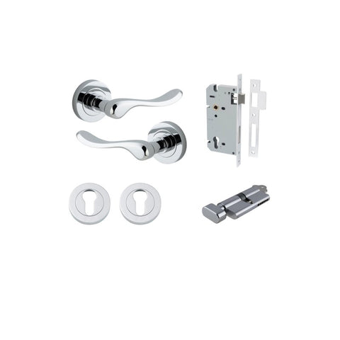 IVER Stirling Door Lever Handle On Round Rose | Entrance Kit (Key/Thumb) | 8 Finishes - Polished Chrome