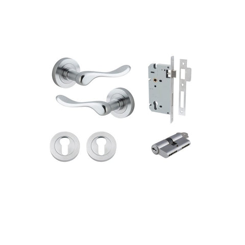 IVER Stirling Door Lever Handle On Round Rose | Entrance Kit (Key/Key) | 8 Finishes - Brushed Chrome