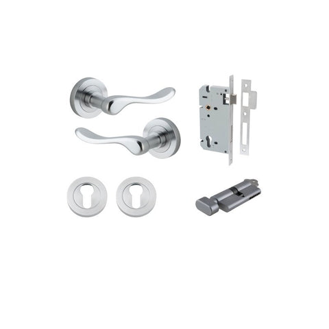 IVER Stirling Door Lever Handle On Round Rose | Entrance Kit (Key/Thumb) | 8 Finishes - Brushed Chrome