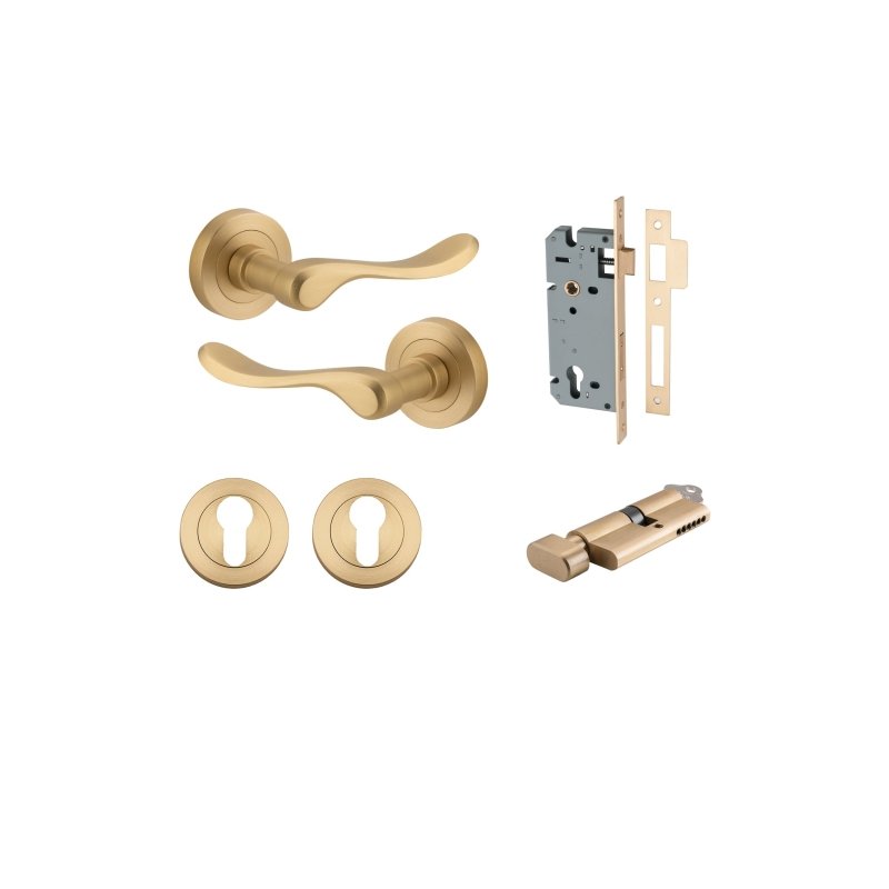 IVER Stirling Door Lever Handle On Round Rose | Entrance Kit (Key/Thumb) | 8 Finishes - Brushed Brass