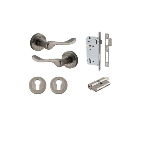 IVER Stirling Door Lever Handle On Round Rose | Entrance Kit (Key/Key) | 8 Finishes - Distressed Nickel
