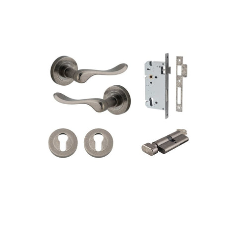 IVER Stirling Door Lever Handle On Round Rose | Entrance Kit (Key/Thumb) | 8 Finishes - Distressed Nickel