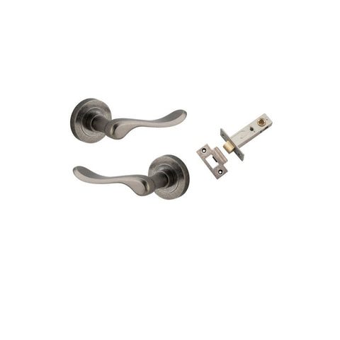 IVER Stirling Door Lever Handle On Round Rose | Passage Kit | 8 Finishes - Distressed Nickel
