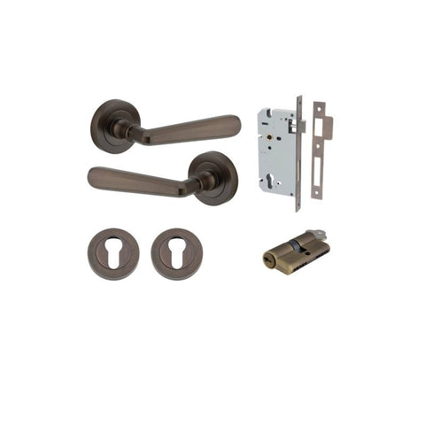 IVER Copenhagen Door Lever Handle On Round Rose | Entrance Kit (Key/Key) | 7 Finishes - Signature Brass