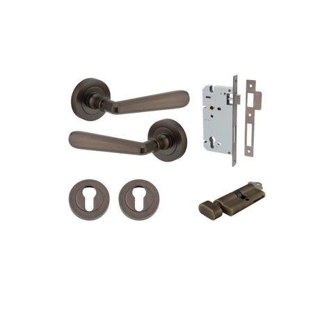 IVER Copenhagen Door Lever Handle On Round Rose | Entrance Kit (Key/Thumb) | 7 Finishes - Signature Brass