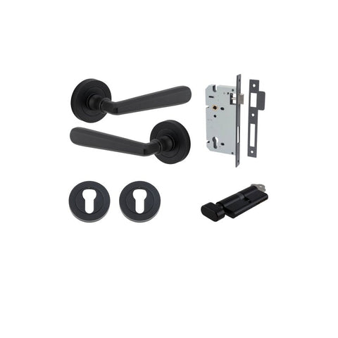 IVER Copenhagen Door Lever Handle On Round Rose | Entrance Kit (Key/Thumb) | 7 Finishes - Matt Black