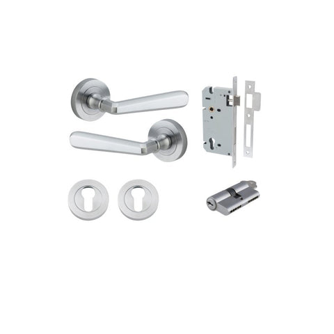 IVER Copenhagen Door Lever Handle On Round Rose | Entrance Kit (Key/Key) | 7 Finishes - Brushed Chrome