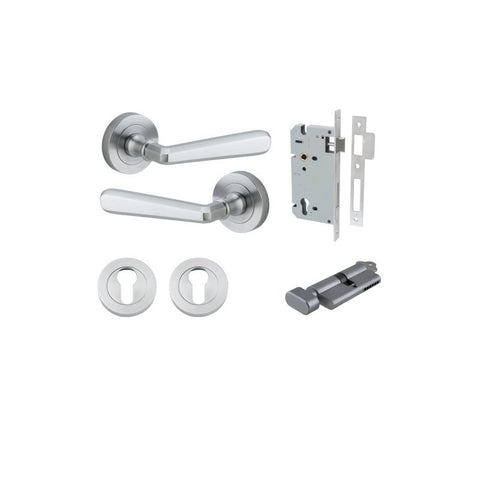 IVER Copenhagen Door Lever Handle On Round Rose | Entrance Kit (Key/Thumb) | 7 Finishes - Brushed Chrome