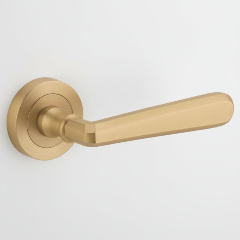 IVER Copenhagen Door Lever Handle On Round Rose | Passage Lever Set Only | 7 Finishes - Brushed Brass
