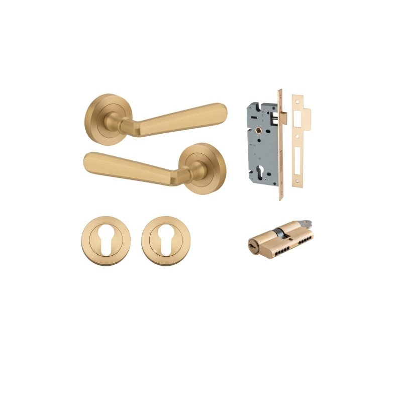 IVER Copenhagen Door Lever Handle On Round Rose | Entrance Kit (Key/Key) | 7 Finishes - Brushed Brass