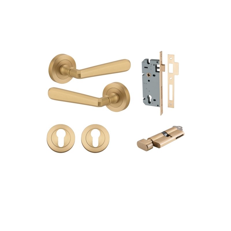 IVER Copenhagen Door Lever Handle On Round Rose | Entrance Kit (Key/Thumb) | 7 Finishes - Brushed Brass