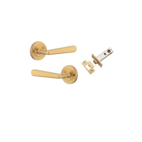 IVER Copenhagen Door Lever Handle On Round Rose | Inbuilt Privacy Kit | 7 Finishes - Brushed Brass