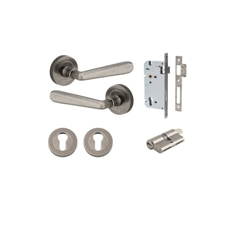 IVER Copenhagen Door Lever Handle On Round Rose | Entrance Kit (Key/Key) | 7 Finishes - Distressed Nickel