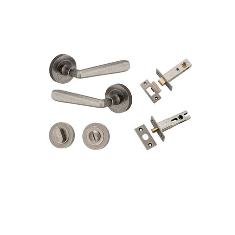 IVER Copenhagen Door Lever Handle On Round Rose | Separate Privacy Kit | 7 Finishes - Distressed Nickel