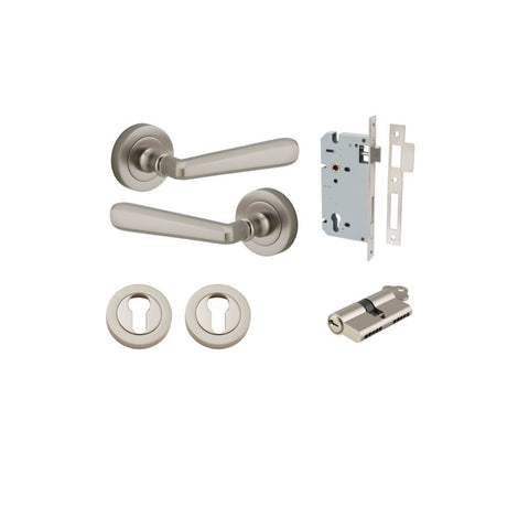 IVER Copenhagen Door Lever Handle On Round Rose | Entrance Kit (Key/Key) | 7 Finishes - Satin Nickel