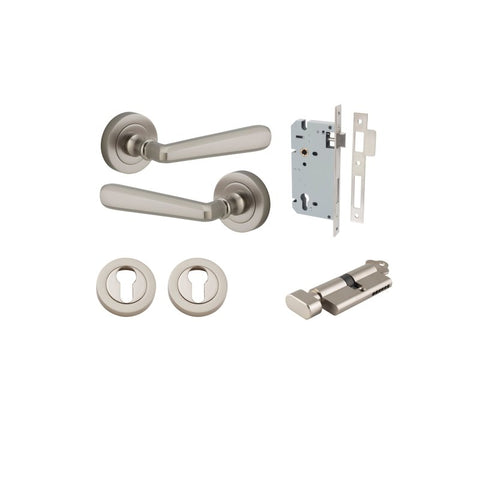 IVER Copenhagen Door Lever Handle On Round Rose | Entrance Kit (Key/Thumb) | 7 Finishes - Satin Nickel