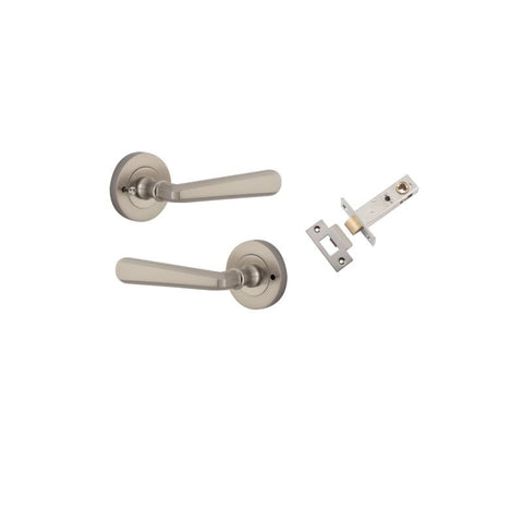 IVER Copenhagen Door Lever Handle On Round Rose | Inbuilt Privacy Kit | 7 Finishes - Satin Nickel