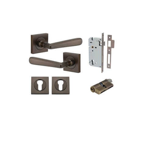 IVER Copenhagen Door Lever Handle On Square Rose | Entrance Kit (Key/Key) | 7 Finishes - Signature Brass