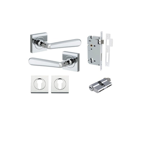 IVER Copenhagen Door Lever Handle On Square Rose | Entrance Kit (Key/Key) | 7 Finishes - Polished Chrome