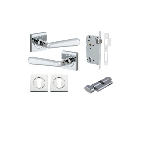 IVER Copenhagen Door Lever Handle On Square Rose | Entrance Kit (Key/Thumb) | 7 Finishes - Polished Chrome