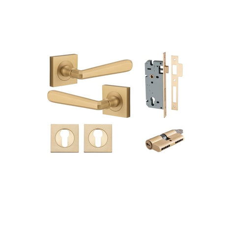 IVER Copenhagen Door Lever Handle On Square Rose | Entrance Kit (Key/Key) | 7 Finishes - Brushed Brass