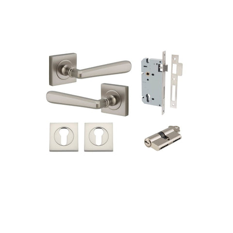 IVER Copenhagen Door Lever Handle On Square Rose | Entrance Kit (Key/Key) | 7 Finishes - Satin Nickel