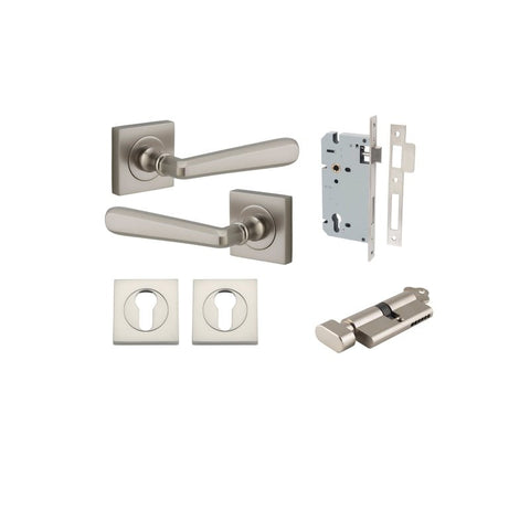 IVER Copenhagen Door Lever Handle On Square Rose | Entrance Kit (Key/Thumb) | 7 Finishes - Satin Nickel