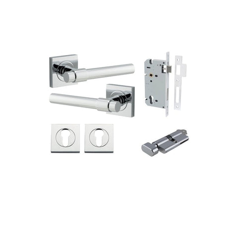 Iver Helsinki Solid Brass Door Lever on Square Rose | Entrance Kit (Key/Thumb) | 7 Finishes - Polished Chrome