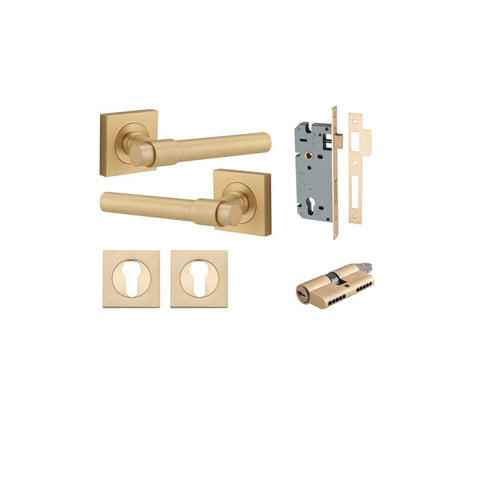 Iver Helsinki Solid Brass Door Lever on Square Rose | Entrance Kit (Key/Key) | 7 Finishes - Brushed Brass