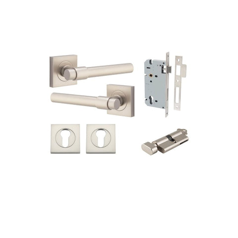 Iver Helsinki Solid Brass Door Lever on Square Rose | Entrance Kit (Key/Thumb) | 7 Finishes - Satin Nickel