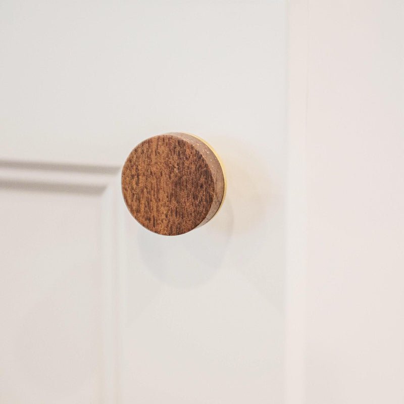 Castella Kereste Cabinet Door Knob 30mm Walnut Satin Brass - primehardware