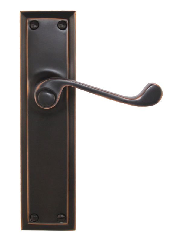 Dark bronze door handle and plate on a white background