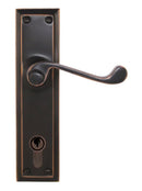 Bronze door handle with lock on a white background