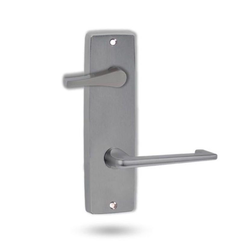 Metal door handle on a white background