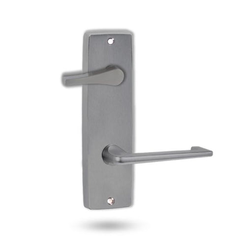 Metal door handle on a white background
