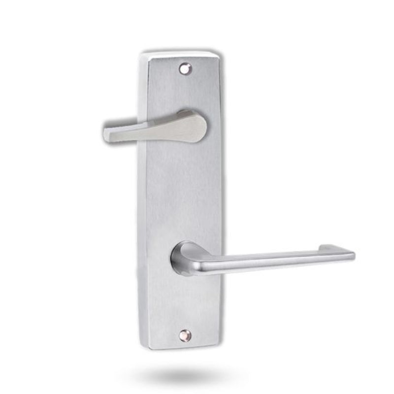 Metal door handle on a white background