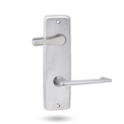 Metal door handle on a white background