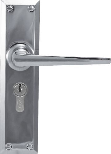 Chrome door handle with lock on a white background