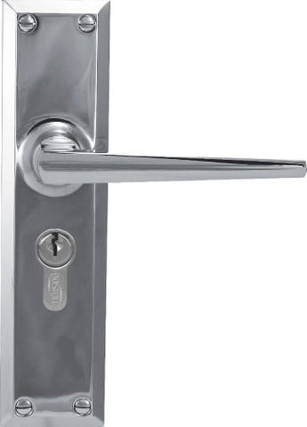 Chrome door handle with lock on a white background