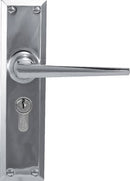 Chrome door handle with lock on a white background