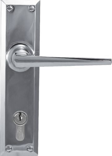 Metal door handle with lock on a white background