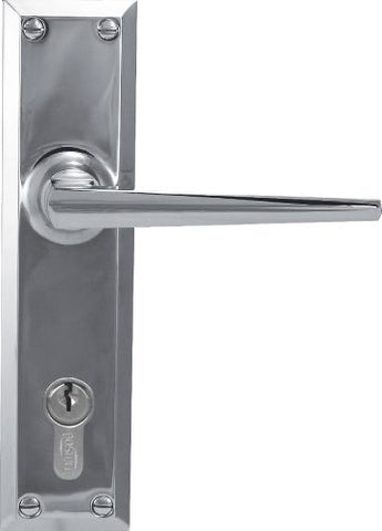 Metal door handle with lock on a white background