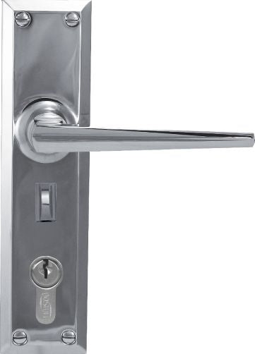 Metal door handle with lock mechanism on a white background
