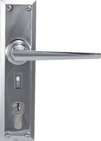 Metal door handle with lock mechanism on a white background