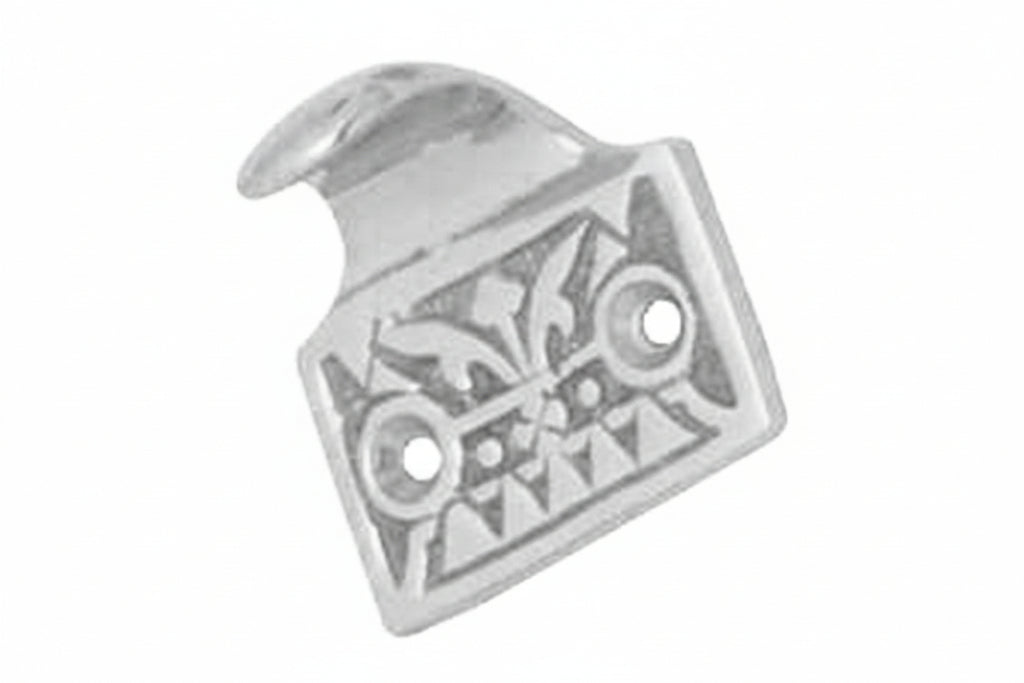 Silver decorative hook with intricate design on a white background