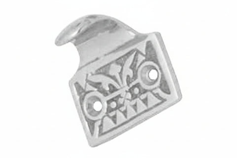 Silver decorative hook with intricate design on a white background