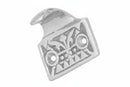 Silver decorative hook with intricate design on a white background