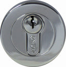 Chrome cylindrical lock on a white background