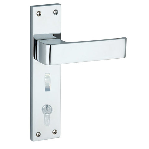 Chrome door handle on a white background