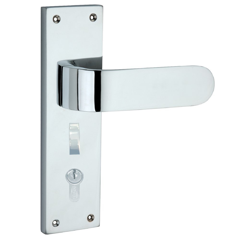 Chrome door handle on a white background